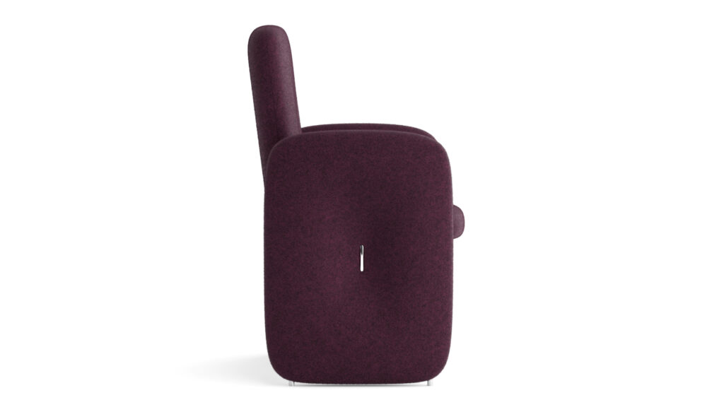 Side view of a modern, minimalist armchair with dark purple upholstery, high backrest, and boxy silhouette—perfect alongside the Cena Dining Table. The background is plain white.