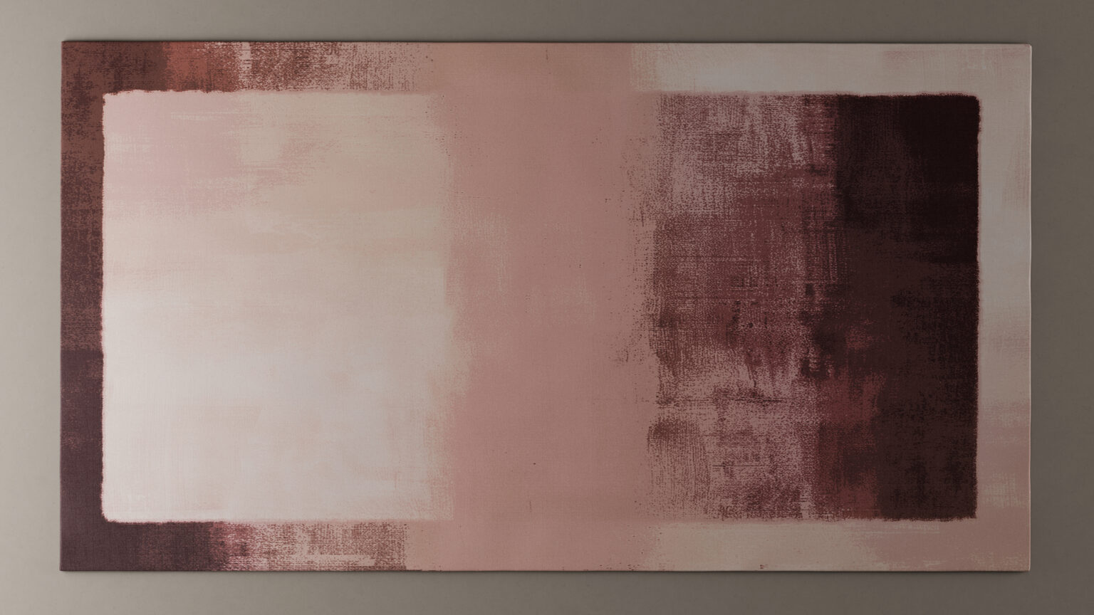 Abstract painting with blended blocks of light pink, blush, and deep burgundy tones on a rectangular canvas, featuring soft, textured edges and a neutral background.