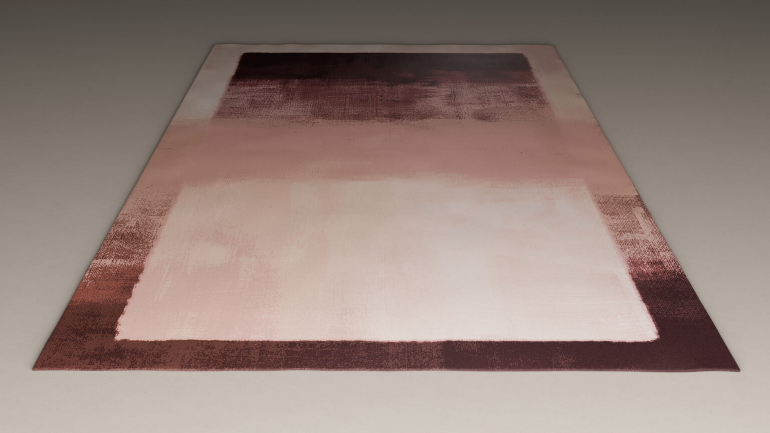 A rectangular rug with a modern, abstract design in shades of pink, beige, and burgundy, featuring soft, blended edges and a large central rectangle on a neutral background.