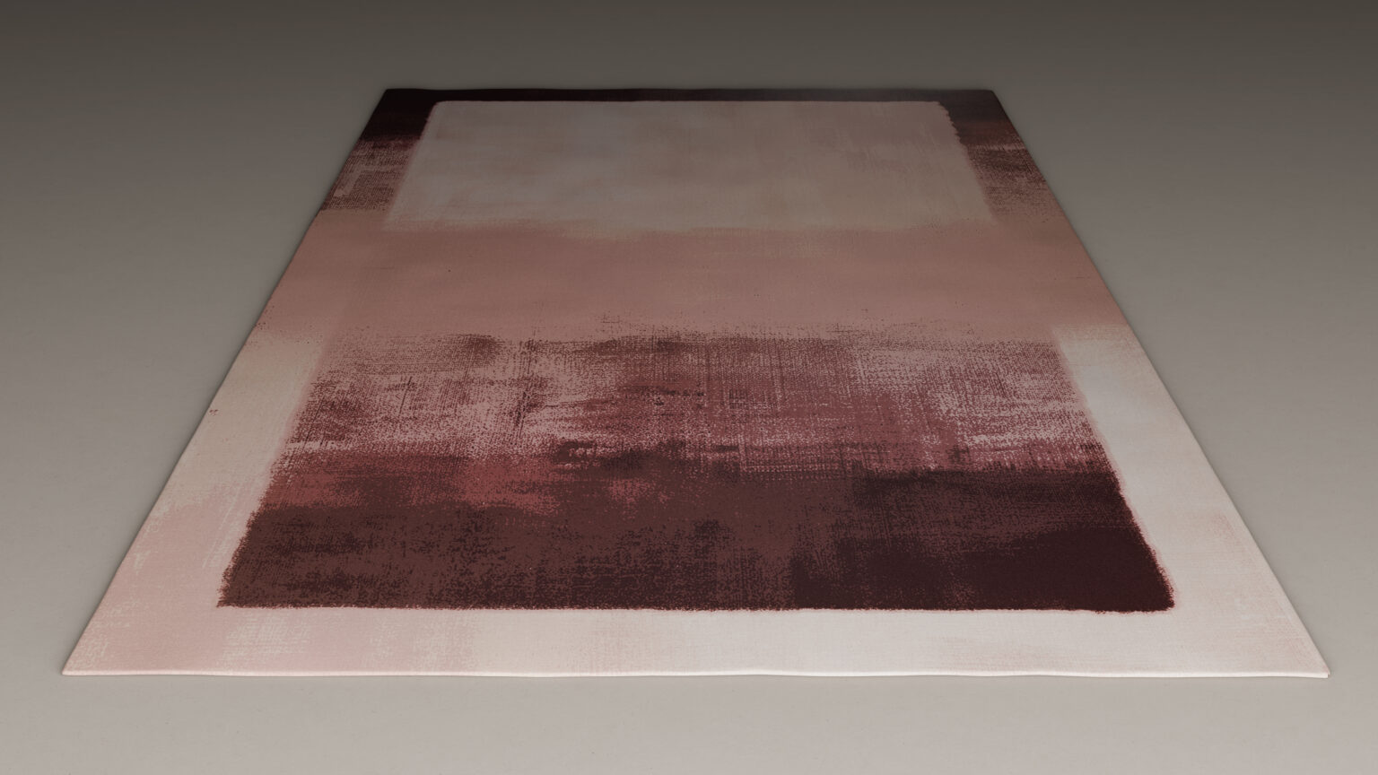 A rectangular rug with a modern abstract design in shades of beige, pink, and burgundy, featuring a soft, gradient pattern with blurred edges. The photo is taken from a low angle, emphasizing the rugs texture and colors.