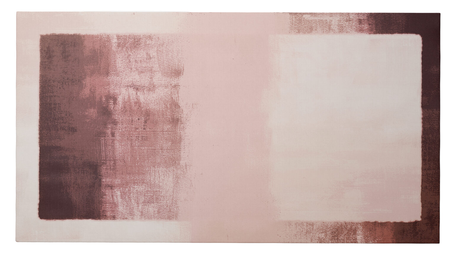 A rectangular rug with an abstract design featuring large, blurred blocks of pink, cream, and reddish-brown tones blending into each other.