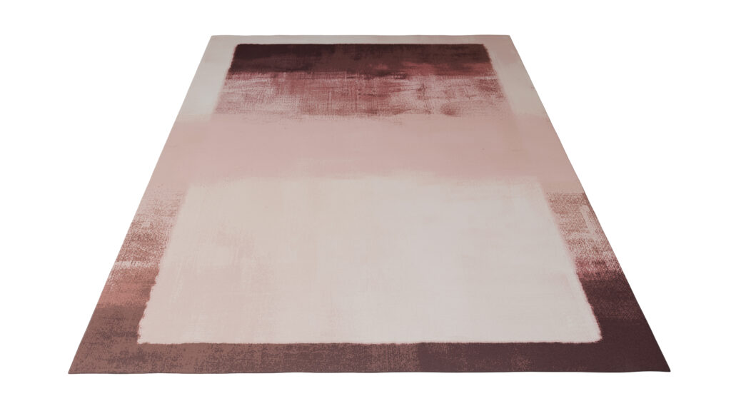 The Scoppia Rug is a rectangular area rug with overlapping blocks in dusty pink, cream, and burgundy tones on white, creating a modern abstract gradient design.