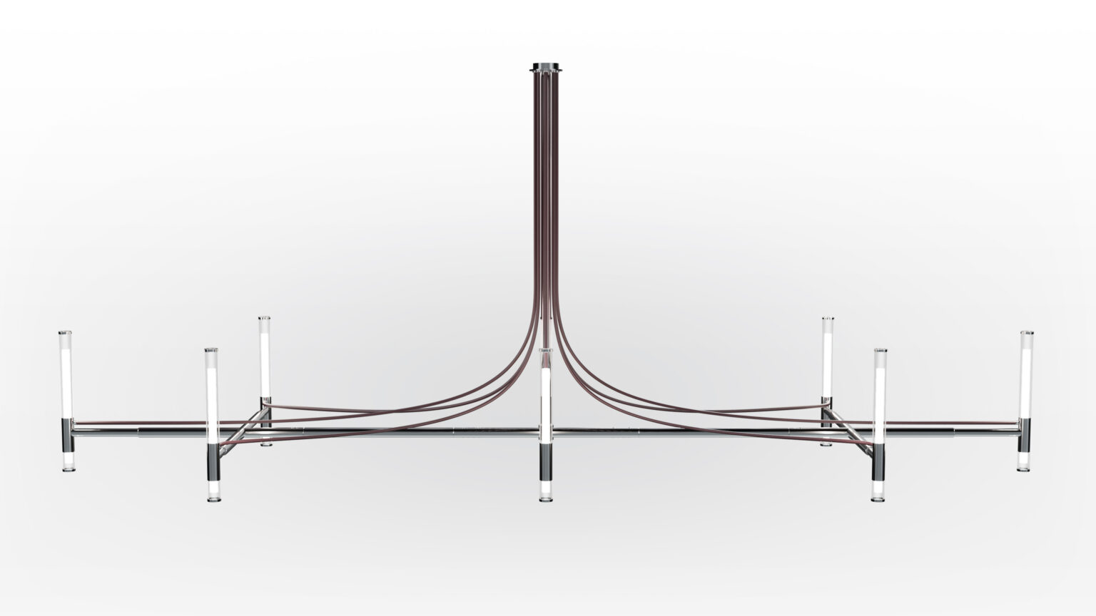 A sleek, minimalist chandelier with a vertical rod and six arms linked by curved brown tubing hangs beautifully above the Cena Dining Table, all set against a plain white background.