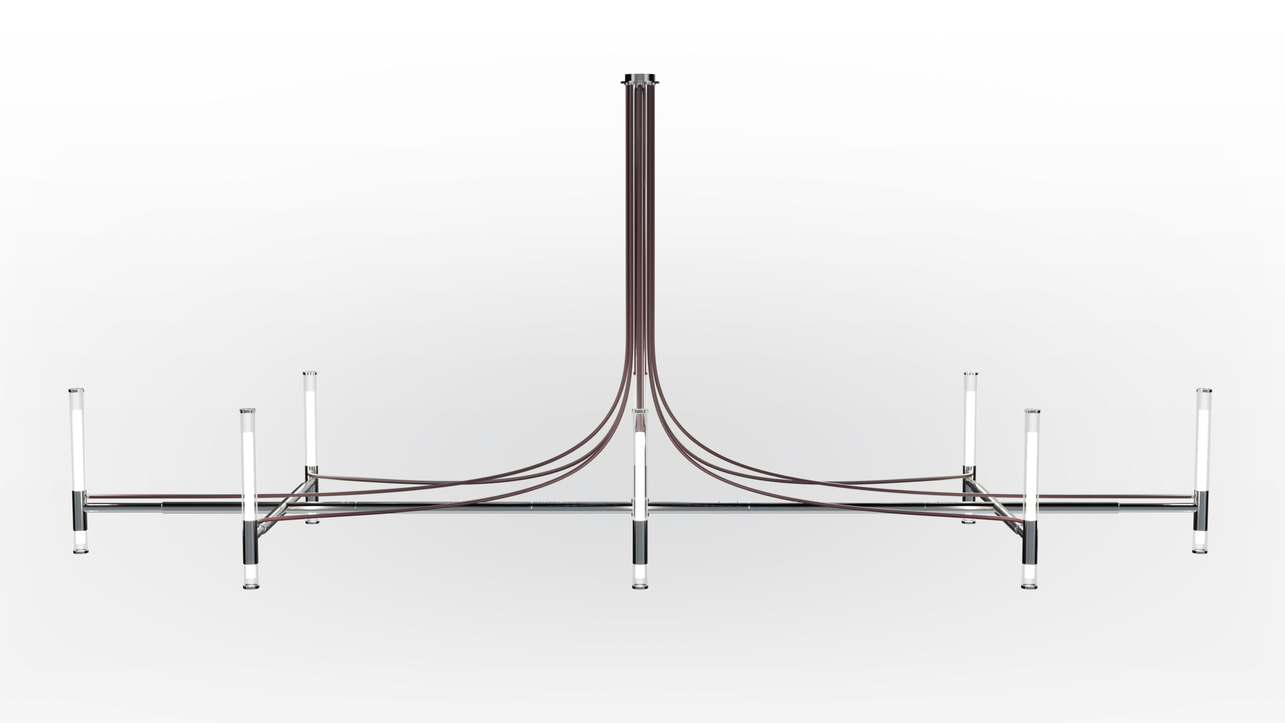 A sleek, minimalist chandelier with a vertical rod and six arms linked by curved brown tubing hangs beautifully above the Cena Dining Table, all set against a plain white background.