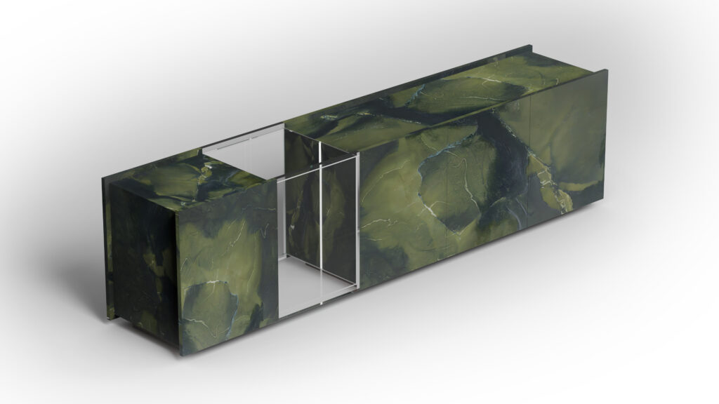 Rectangular kitchen island with a marble-effect green and black top, cut-out center section, and metal frame, shown on a white background—the perfect match for the Cena Dining Table.