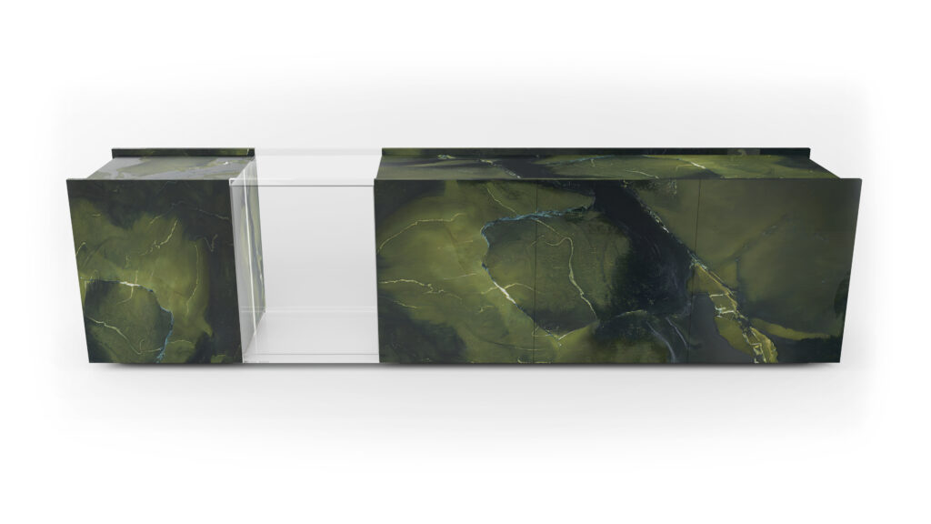 A modern sideboard with green and black marbling, a central glass panel, and solid sides complements the Cena Dining Table, all displayed on a white background.