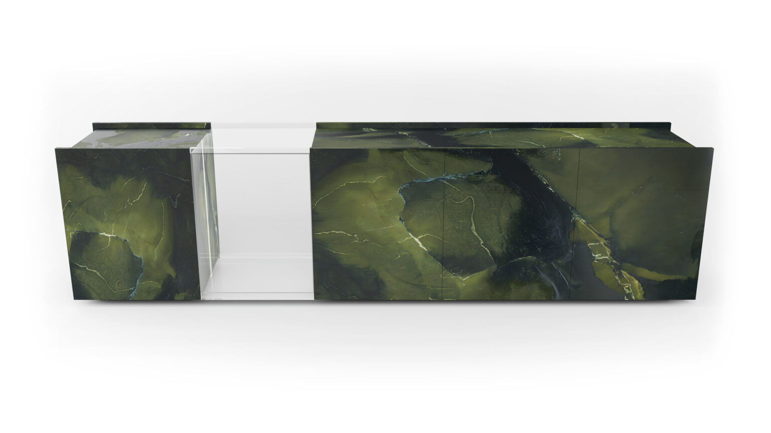 A modern sideboard with green and black marbling, a central glass panel, and solid sides complements the Cena Dining Table, all displayed on a white background.