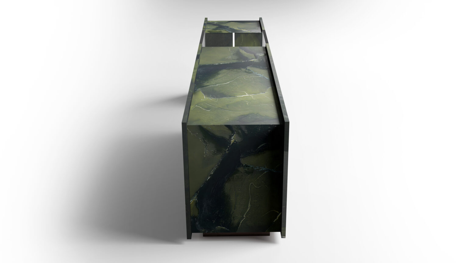 A rectangular Cena Dining Table viewed from the end, featuring a dark, marble-like surface with swirling green and black patterns and two rectangular cutouts near the far edge.