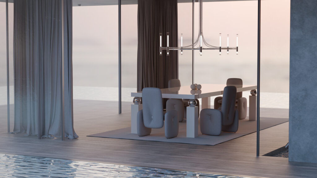 A modern dining room centered around the sleek Cena Dining Table, with eight cushioned chairs, a contemporary chandelier, sheer-curtained floor-to-ceiling windows, and a tranquil water view—all in a softly lit minimalist setting.