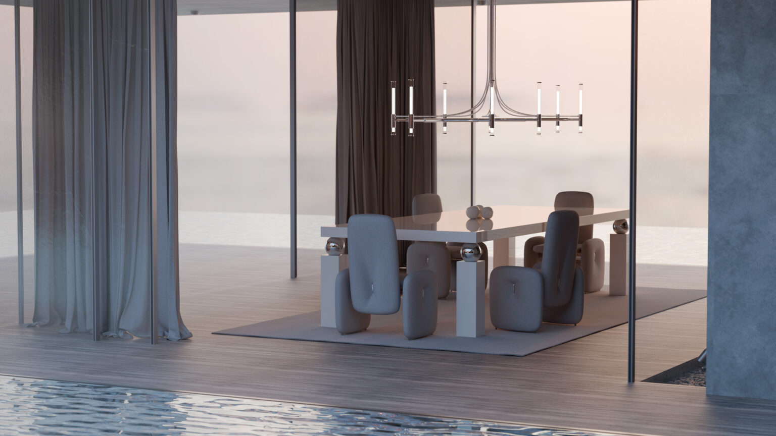 A modern dining room centered around the sleek Cena Dining Table, with eight cushioned chairs, a contemporary chandelier, sheer-curtained floor-to-ceiling windows, and a tranquil water view—all in a softly lit minimalist setting.
