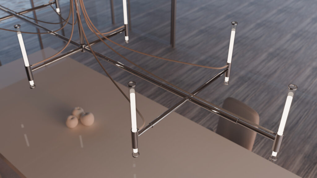 A modern chandelier with tubular LED lights hangs over the Cena Dining Table, which displays three decorative objects; a chair sits beside the table on a gray, wood-textured floor.