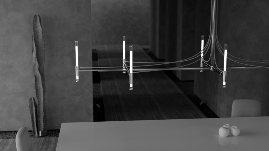 A modern, minimalist room showcases the Cena Dining Table with two chairs and a small centerpiece, paired with a sleek linear chandelier, a tall cactus in the corner, and moody dark-toned décor.