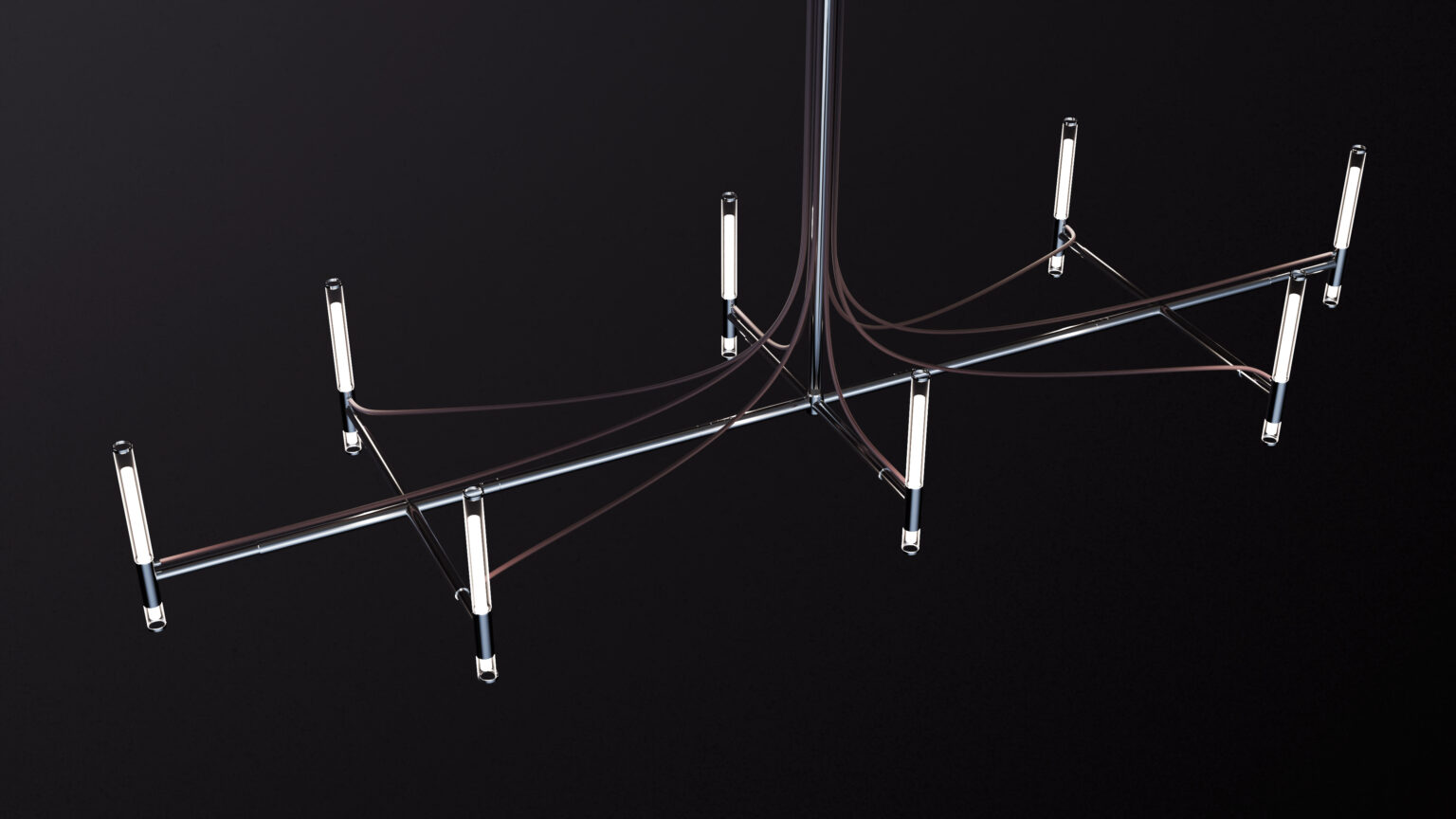 Suspended above the Cena Dining Table, this chandelier’s sleek metallic frame and eight tube-shaped LED lights create a modern, minimalist centerpiece against a dark backdrop.