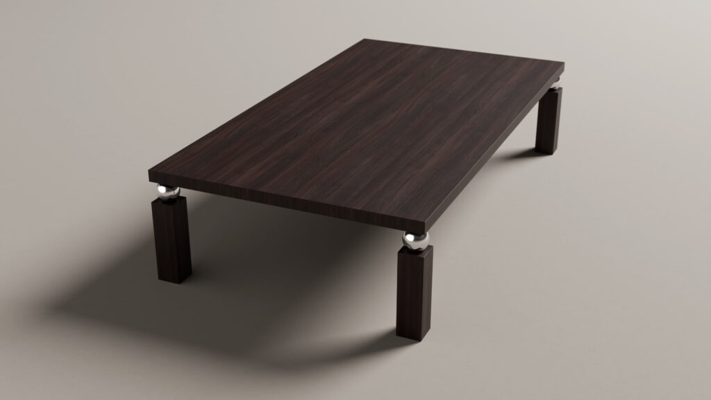 The Cena Dining Table is a rectangular dark wood table with four legs featuring metallic joints.