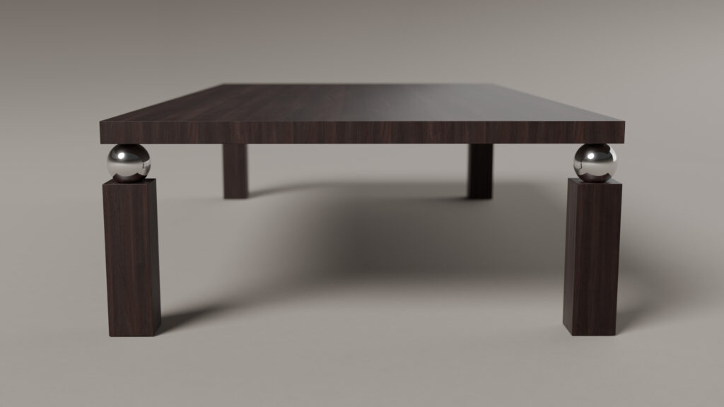 The Cena Dining Table features a modern, minimalist design with four legs; each front leg is accented by a reflective silver sphere between the tabletop and leg. Shown against a plain, neutral background.