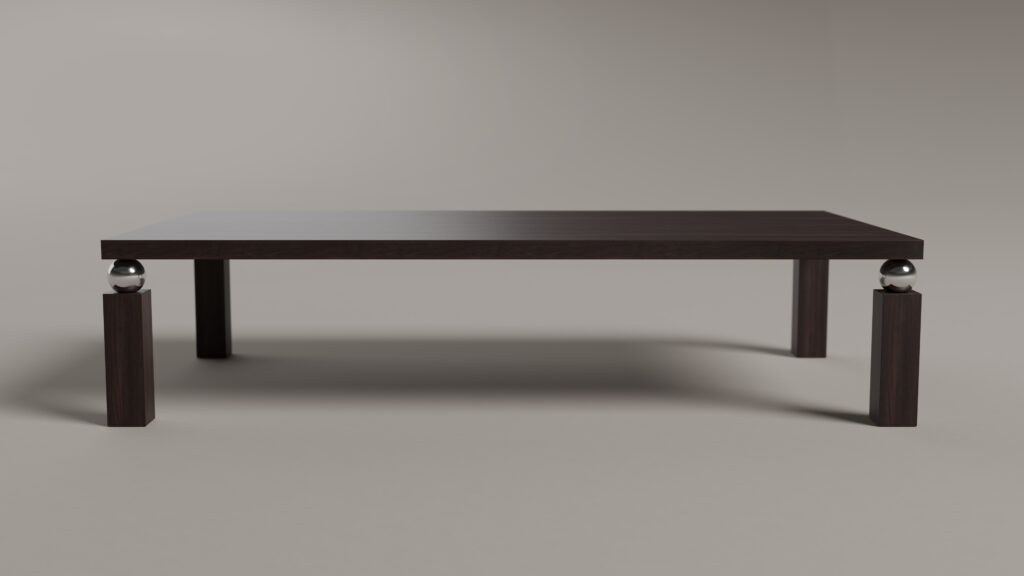 The Cena Dining Table showcases a minimalist dark wood design with four legs—two accented by metallic spheres—set against a light grey backdrop.