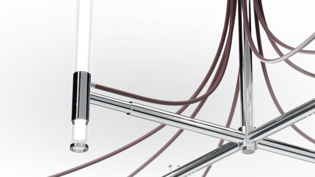 A modern chrome light fixture with cylindrical LED bulbs and brown cables is showcased against a white background, making it a stylish match for the Cena Dining Table.