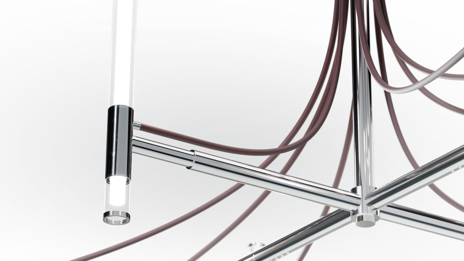 A modern chrome light fixture with cylindrical LED bulbs and brown cables is showcased against a white background, making it a stylish match for the Cena Dining Table.