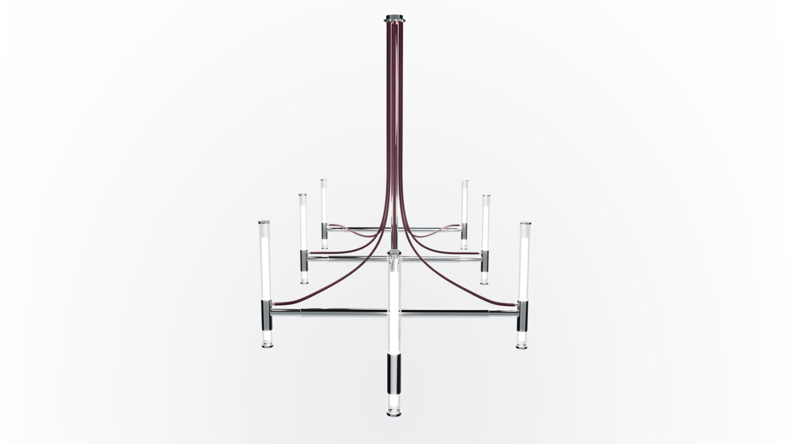A modern chandelier with clear cylindrical rods and slim dark cables hangs above the Cena Dining Table, creating a striking focal point against a white background.