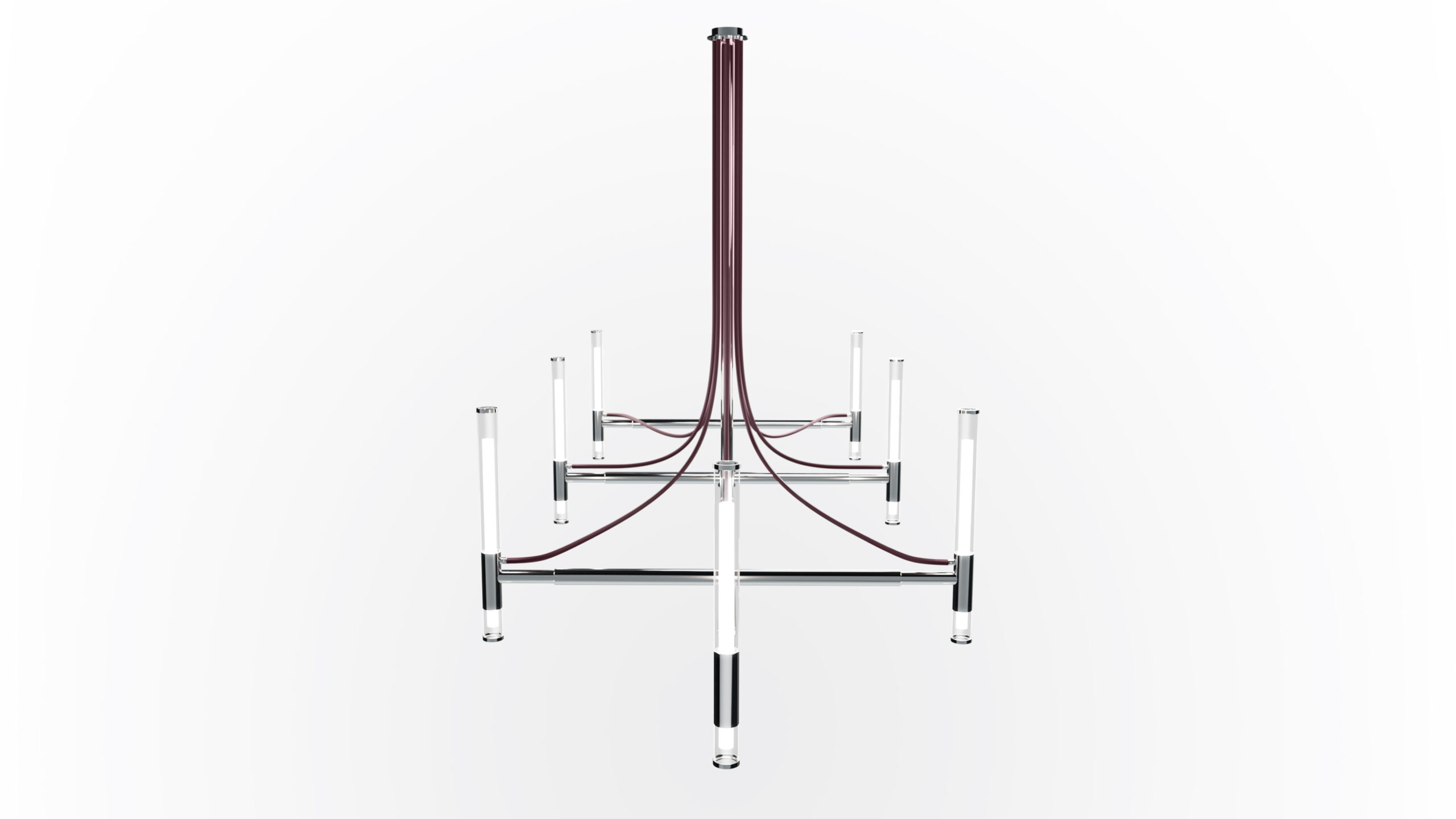 A modern chandelier with clear cylindrical rods and slim dark cables hangs above the Cena Dining Table, creating a striking focal point against a white background.