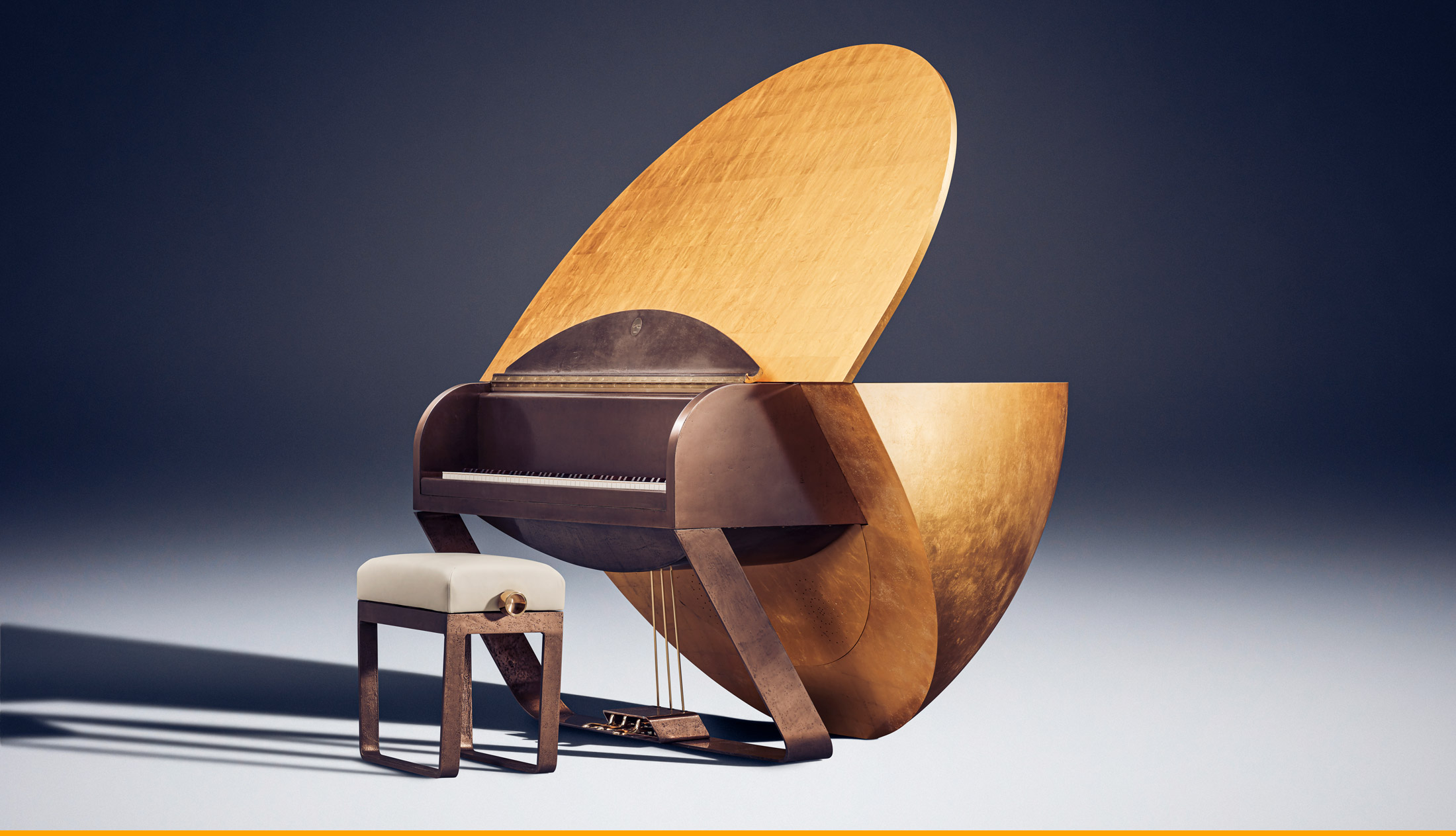 A modern, artistic Edelweiss Pianos creation with a large, semi-circular wooden back and unique curved design, paired with a matching padded bench on a plain background.