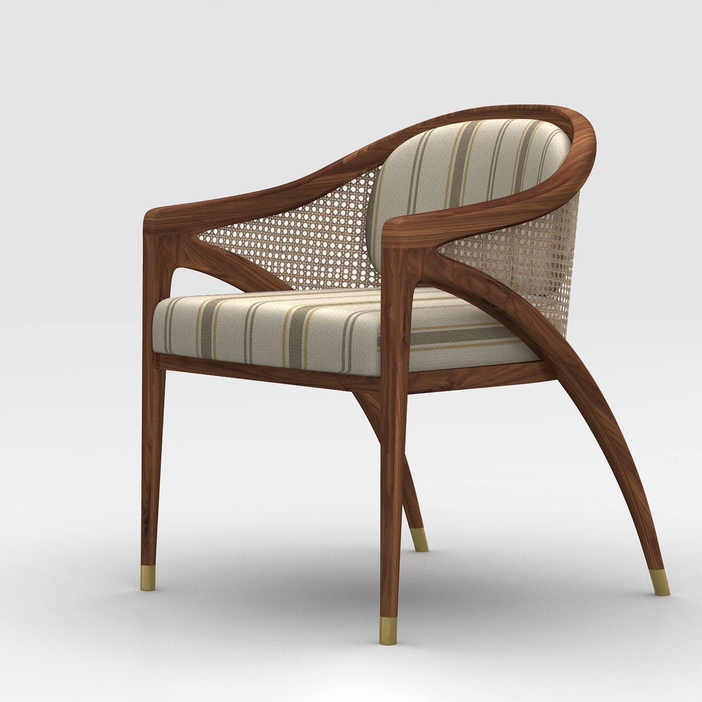 A modern wooden chair with a curved frame, cane backrest, and padded striped seat cushion. The chair has tapered legs with gold-colored tips and a light beige and grey color scheme.