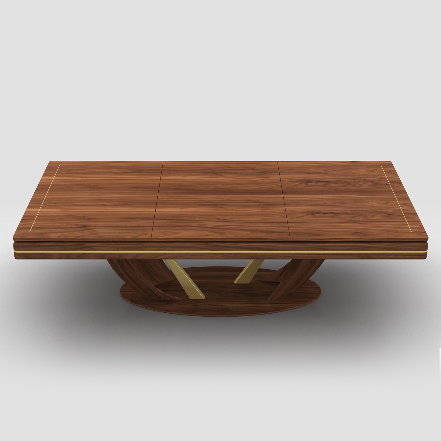 A rectangular wooden coffee table with a glossy finish, gold accents, and a unique geometric base featuring angled supports, displayed on a plain white background.