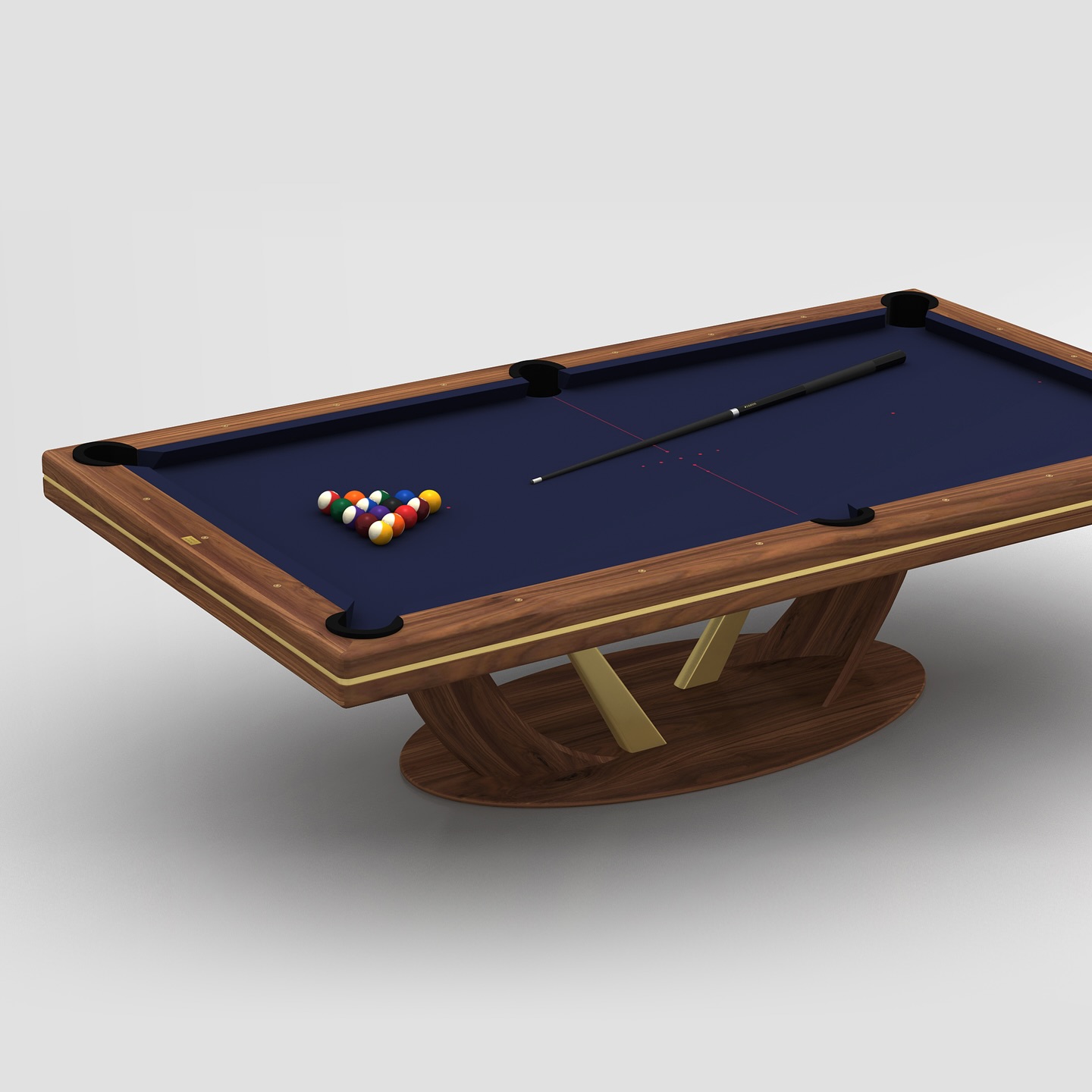 A modern wooden pool table with a blue felt surface, racked billiard balls, and a cue stick resting on top. The table has a stylish base with gold accents, set against a plain white background.