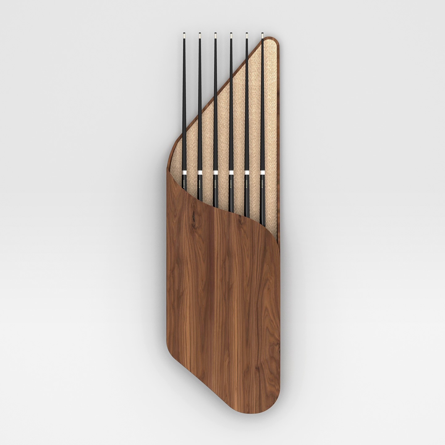A modern wall-mounted pool cue rack made of wood and woven material, holding six black pool cues arranged vertically against a plain white background.