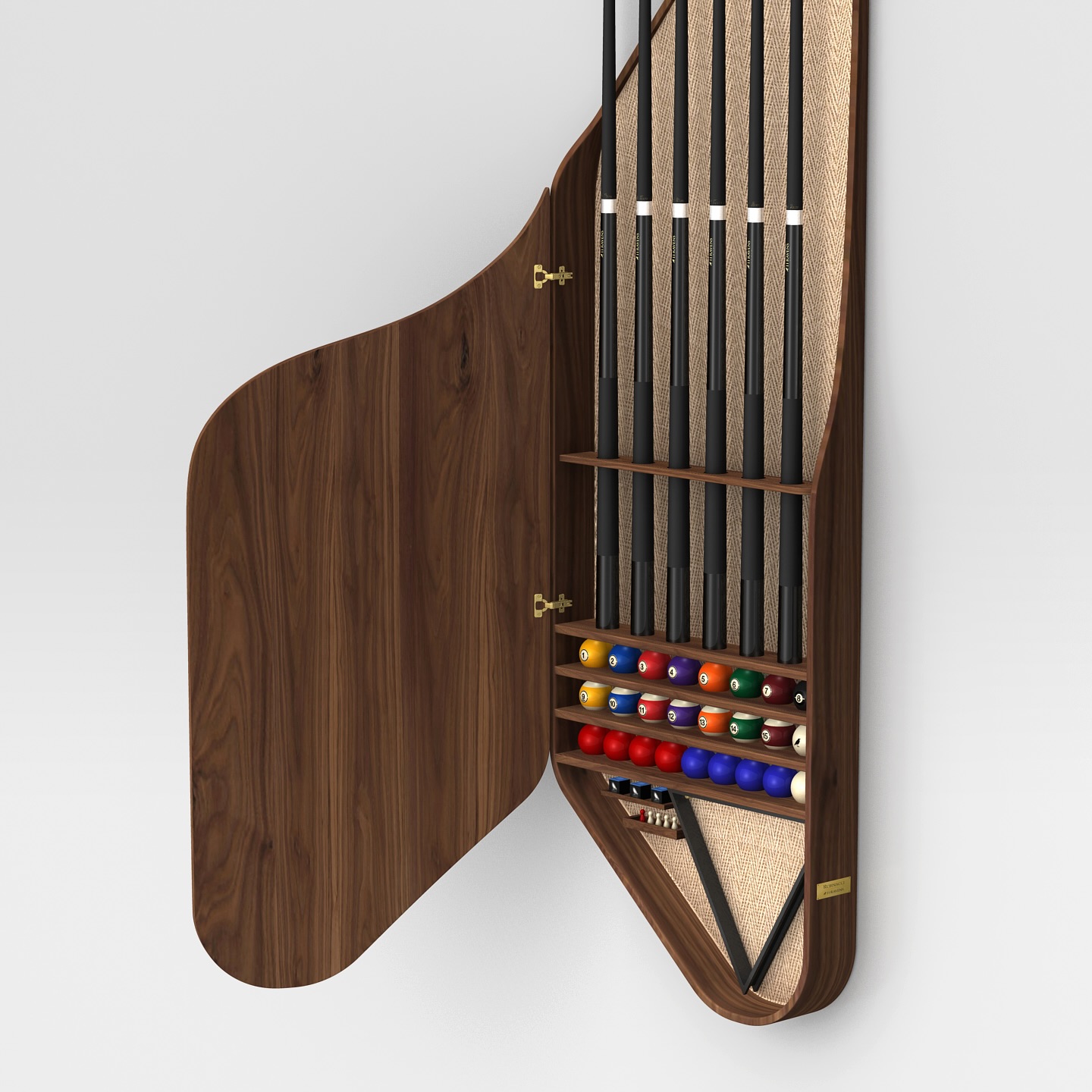 A wooden wall-mounted cabinet with an open door reveals pool cues, a triangle rack, and neatly arranged billiard balls on shelves inside.