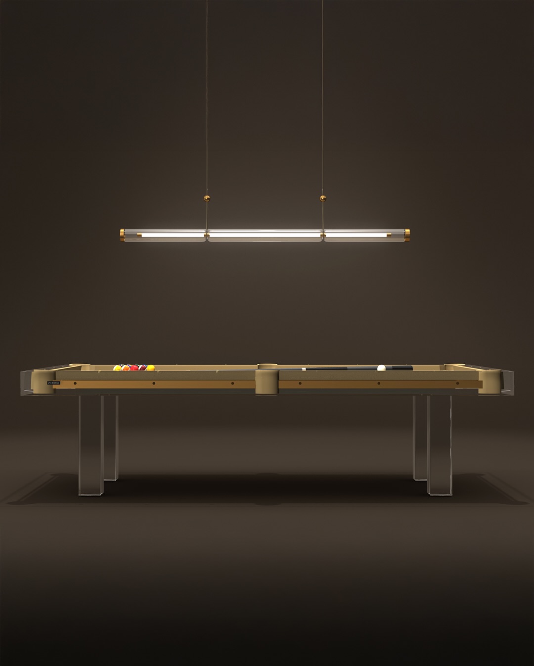 A modern pool table with transparent legs sits under a sleek, horizontal pendant light. Pool balls and cues are arranged on the table, set against a dark, minimalist background.