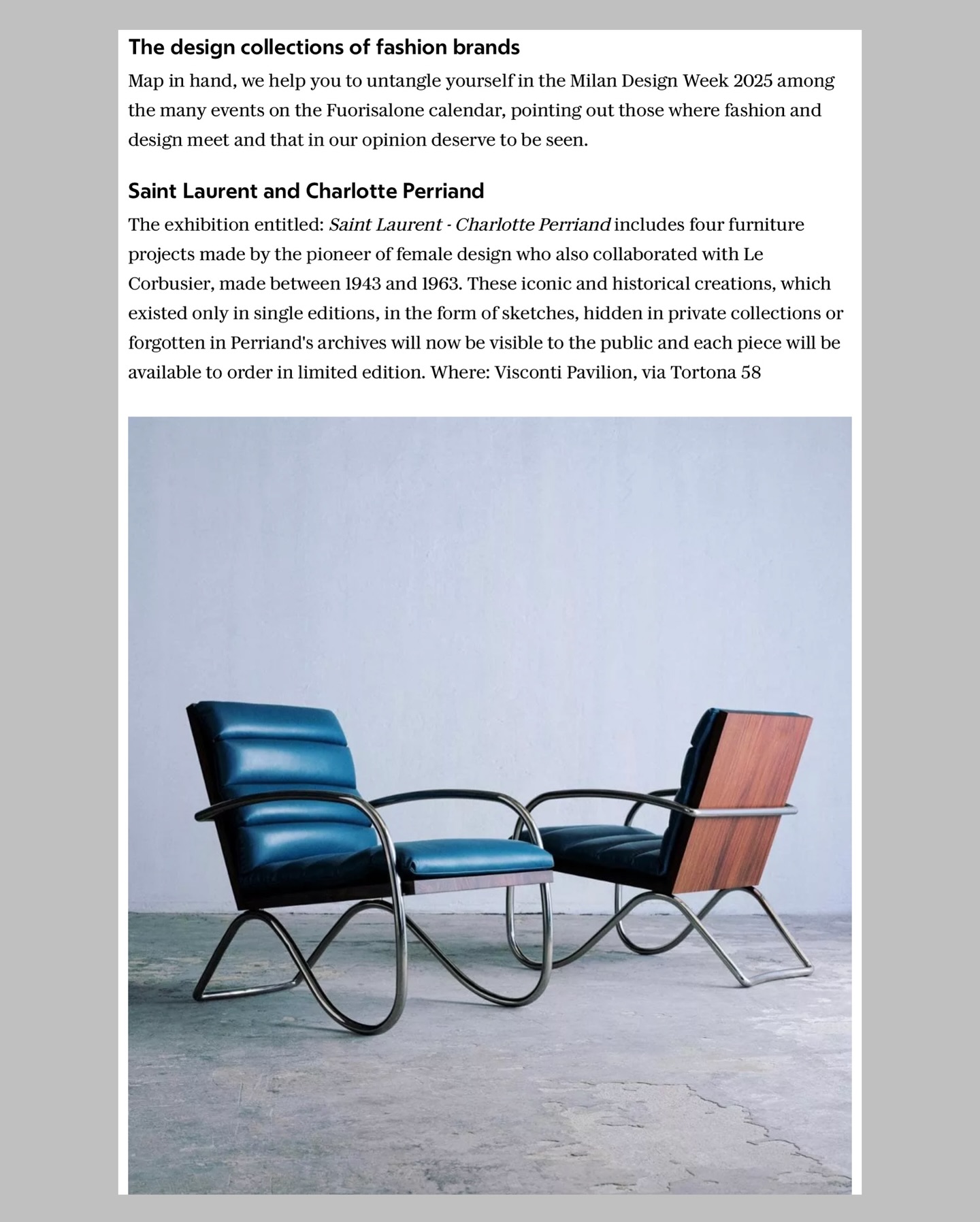 Two modern armchairs sit facing away from each other in a minimalist room with a light floor and grey wall. One chair has light blue upholstery, the other has brown, both feature black curved metal frames and wooden armrests.
