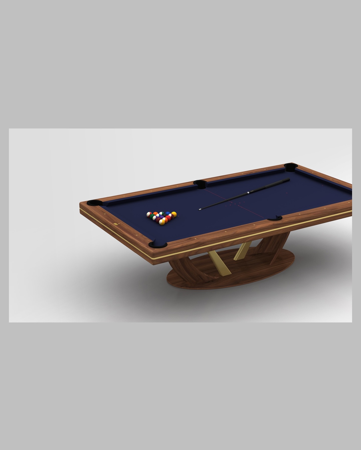 A modern pool table with a navy blue felt surface, wooden frame, and gold accents. Billiard balls are arranged in a triangle, and the table sits on a decorative wooden base.