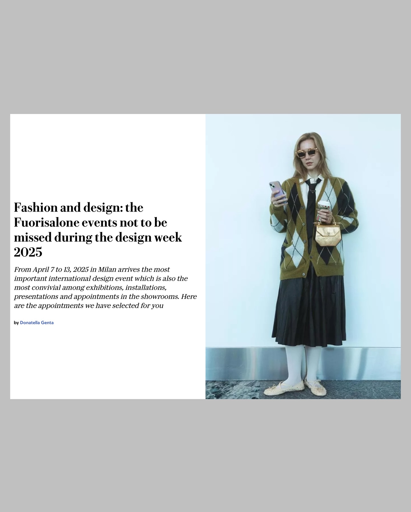 A woman wearing glasses, an argyle sweater, black skirt, white tights, and beige shoes stands against a wall, holding a smartphone and a gold purse. Text about Milan’s 2025 design week is displayed beside her.