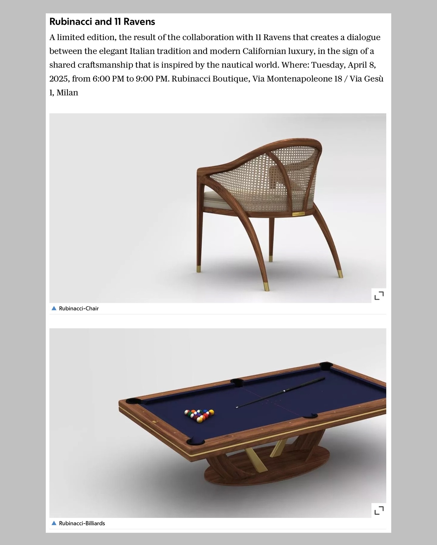 Two images: the first shows a wooden chair with a curved back and woven insert; the second shows a modern-style billiards table with balls and cues, both on plain white backgrounds.