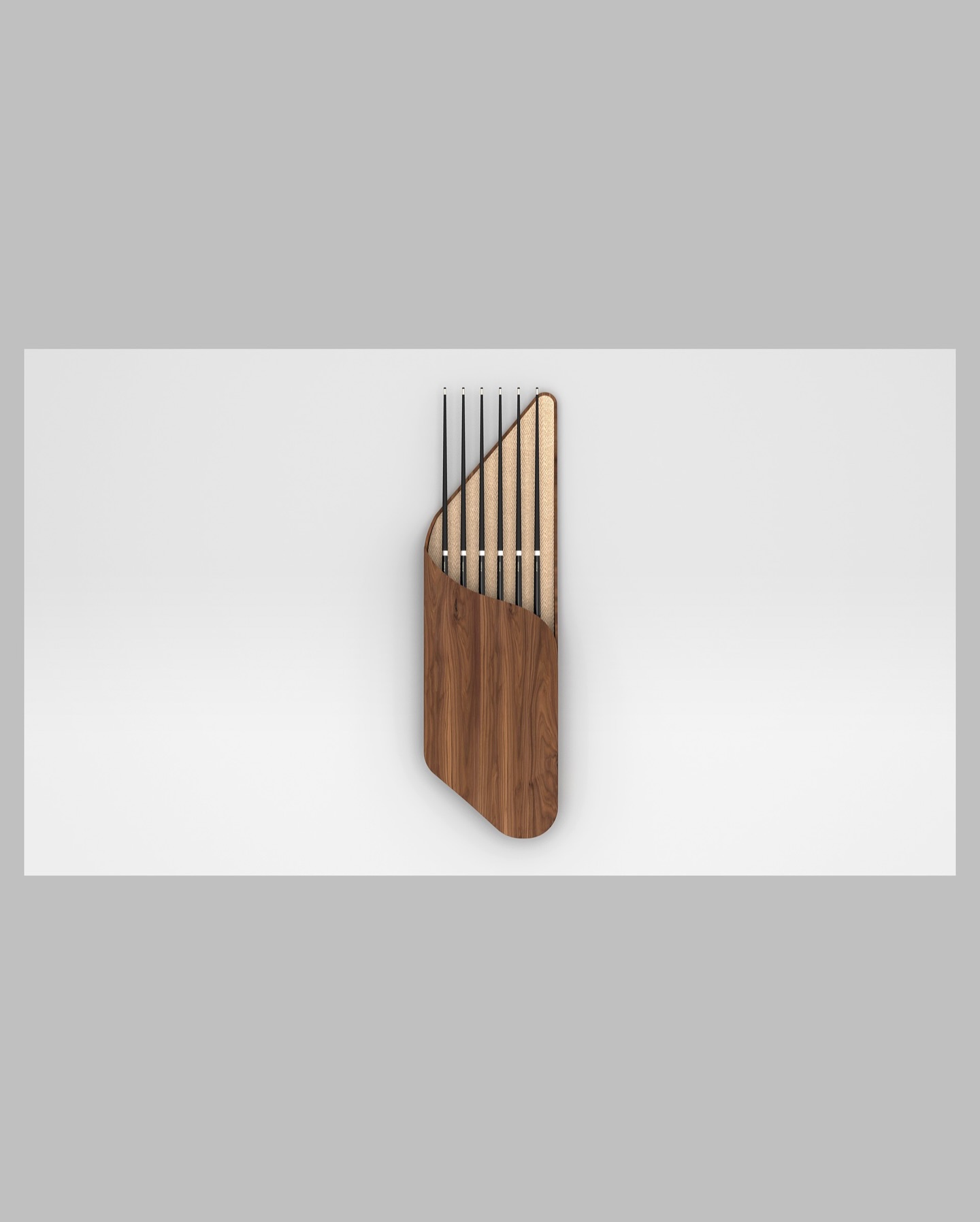 A modern wall-mounted pool cue rack with a curved wooden cover partially revealing five vertical pool cues, set against a white and gray background.