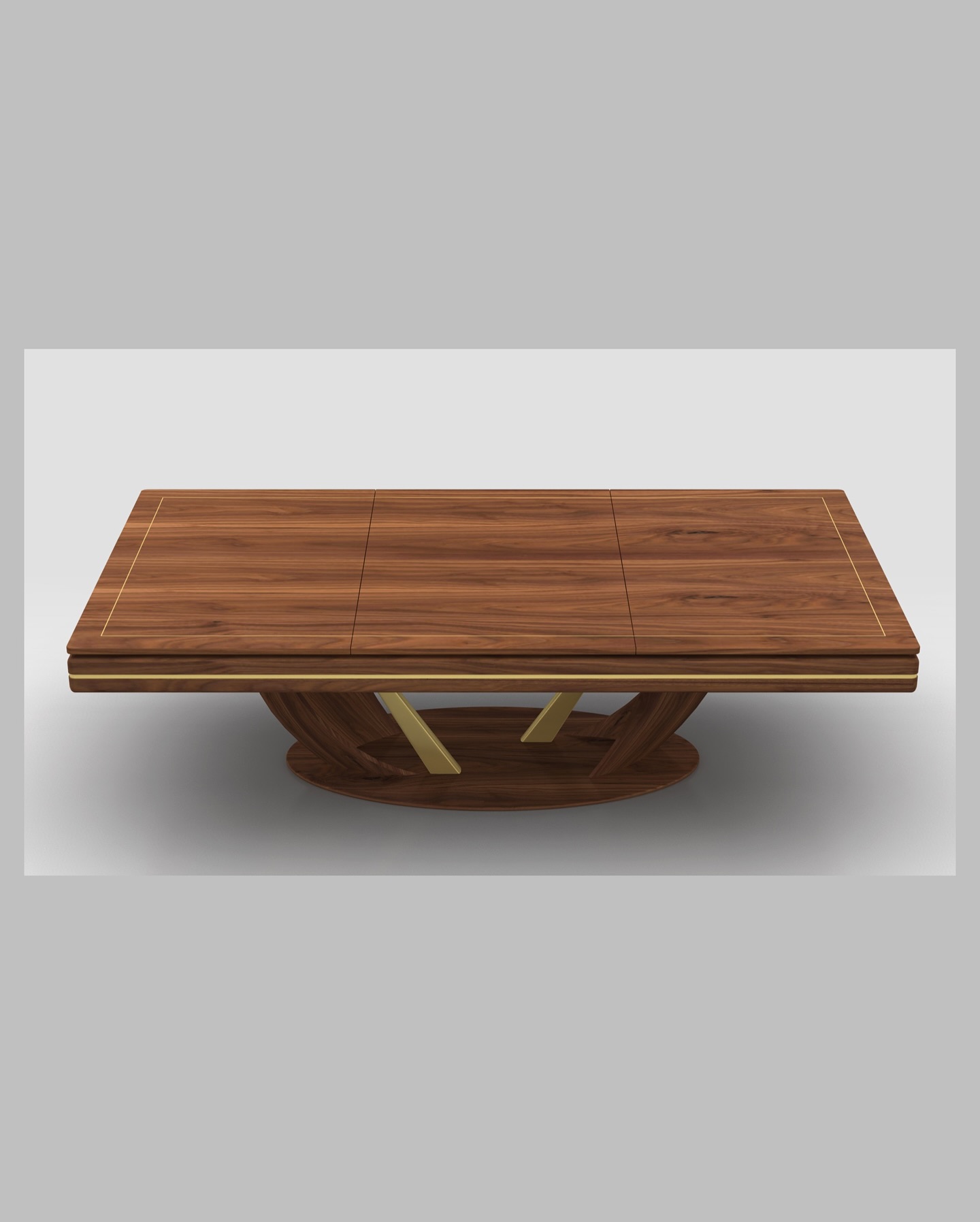 A rectangular wooden table with a smooth, polished surface, gold accent details, and a modern, artistic base featuring angled supports, set against a plain light gray background.