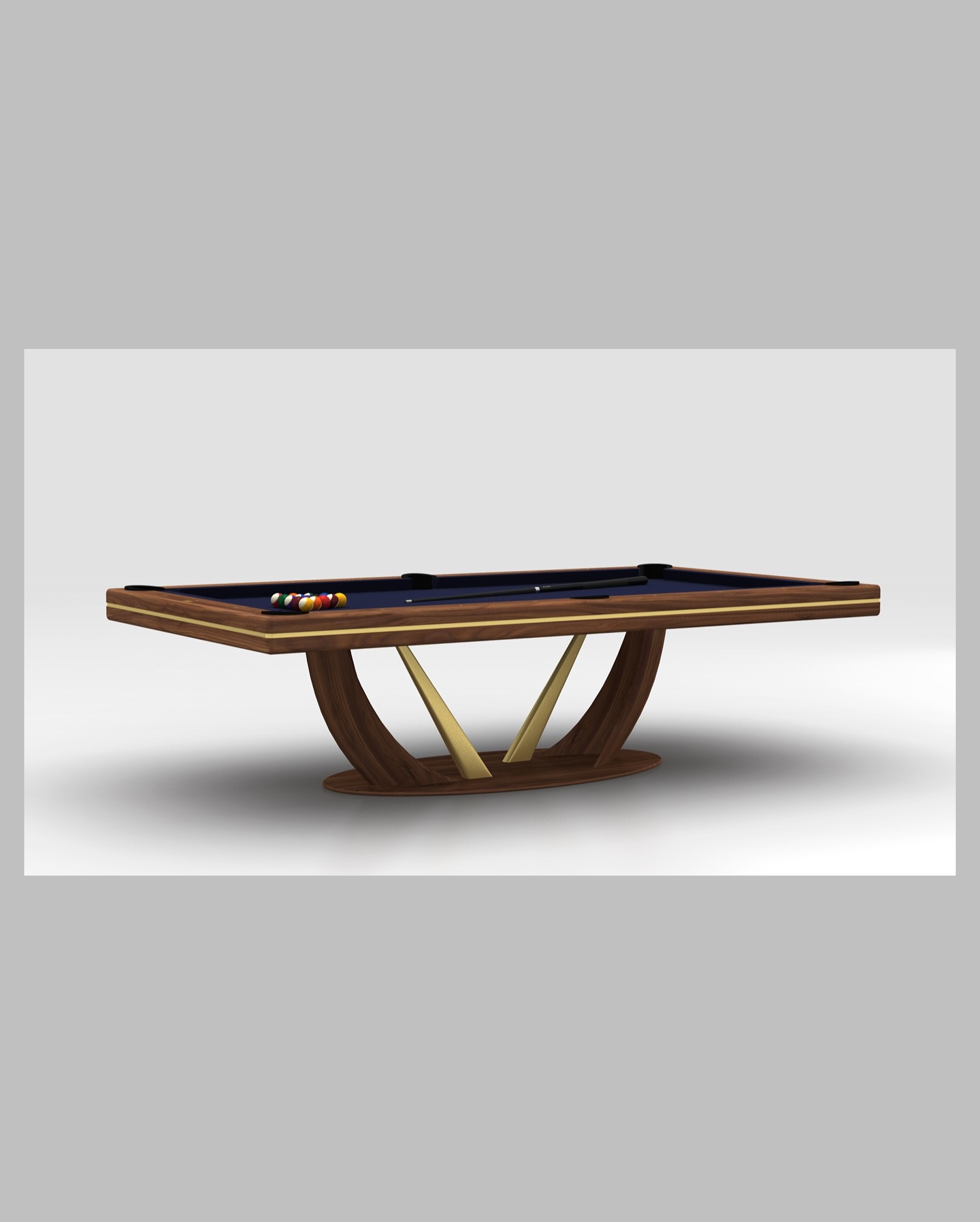 A modern pool table with a dark wooden frame, sleek black felt, and an elegant curved base featuring gold accents. Pool balls are racked at one end of the table, set against a plain, light gray background.