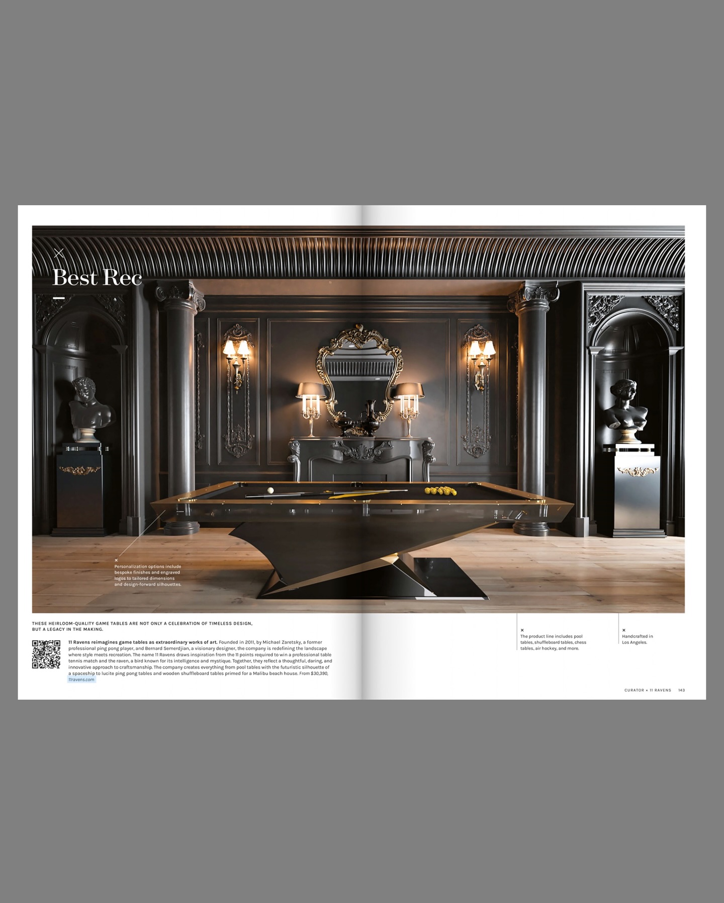 A luxury black and gold pool table is centered in an ornate room with dark wood paneling, classical busts, a large decorative mirror, wall sconces, and elegant ceiling details.