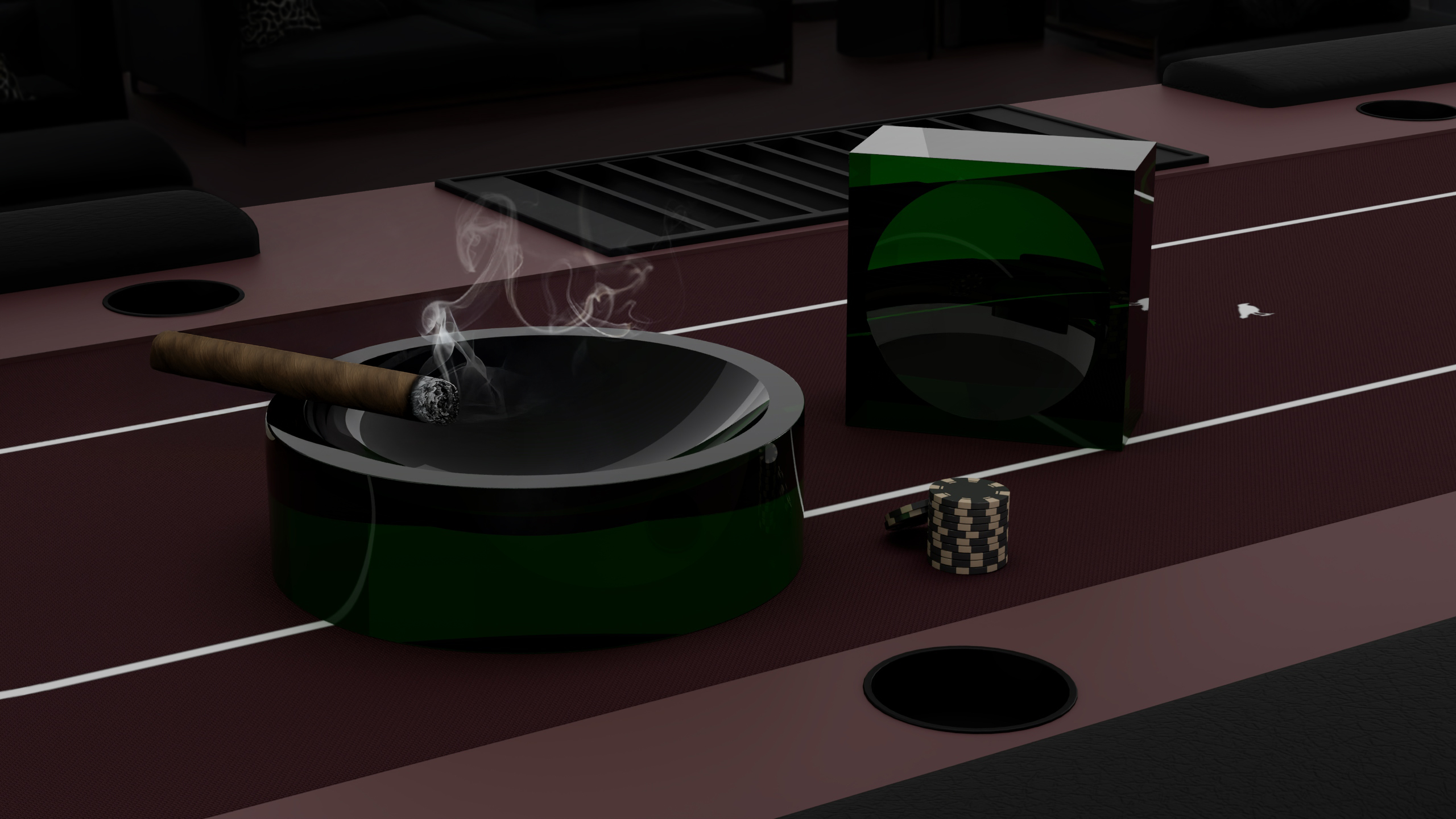 A lit cigar rests on a black and green ashtray with smoke rising. Next to it are a matching box and stacked gambling chips, all on a maroon surface with white lines and a black cup holder.