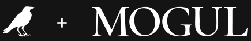 A white silhouette of a bird, a plus sign, and the word MOGUL in large, white capital letters with 11 Ravens accents on a black background.