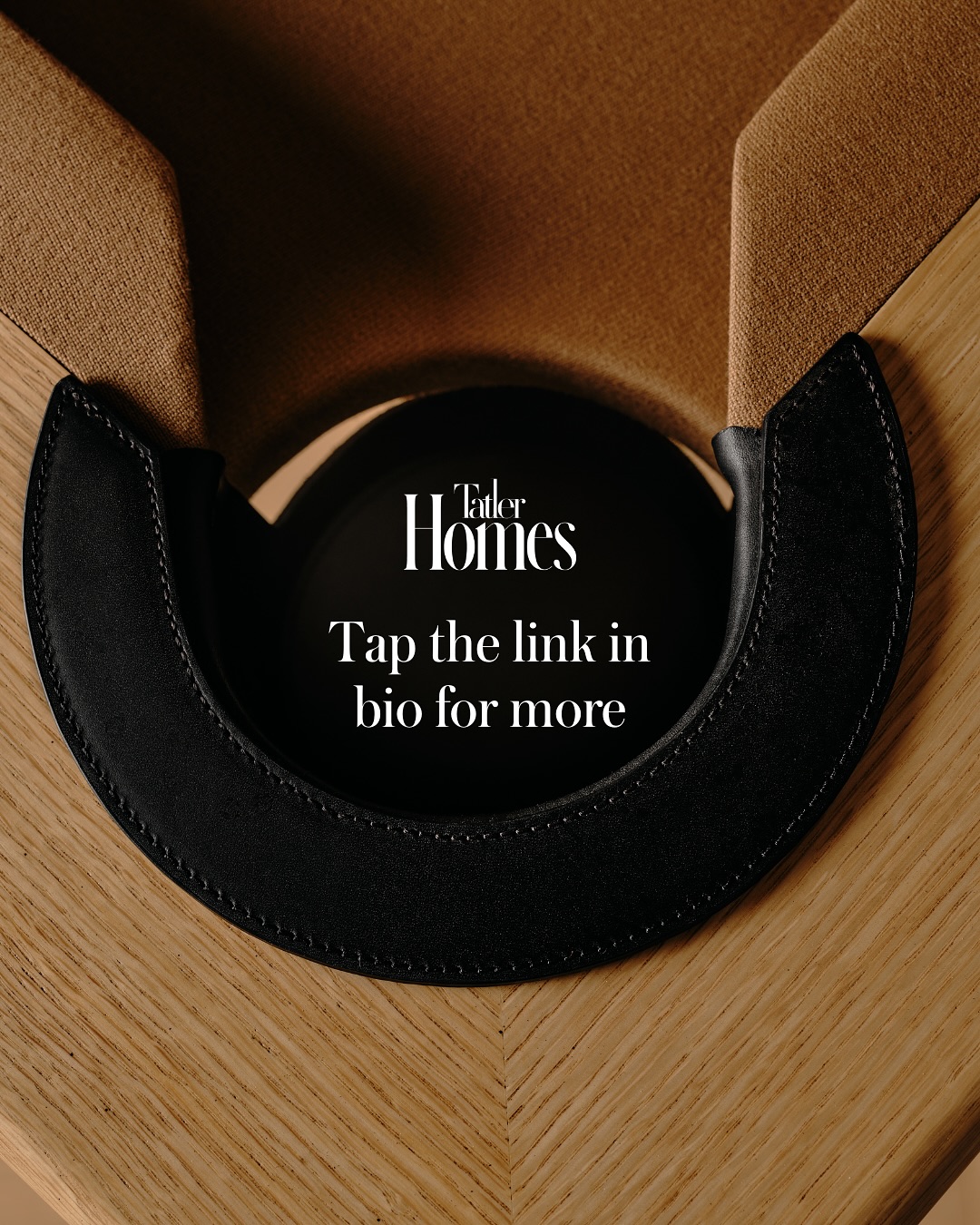 A black semicircular cushion rests on a wooden surface with a tan fabric background. Inspired by interior designer flair, white text over the image reads Elder Homes and Tap the link in bio for more.