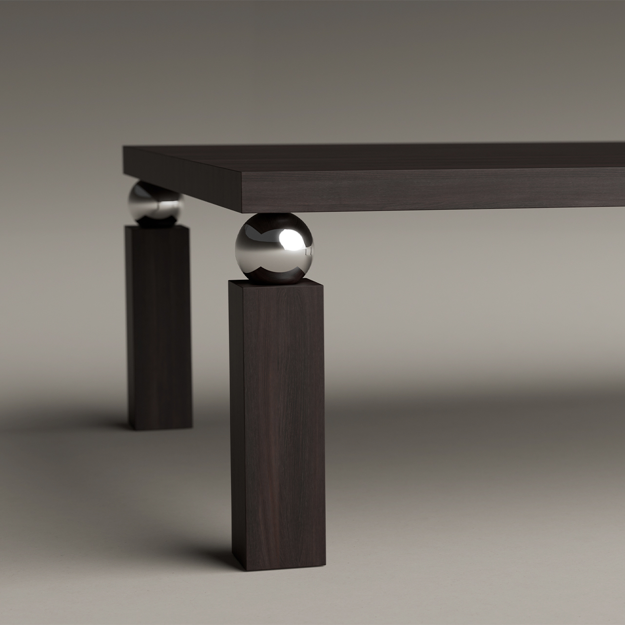 A modern wooden table with dark wood rectangular legs, each supported by a shiny, metallic sphere between the tabletop and the legs—echoing the refined craftsmanship of Edelweiss Pianos—set against a neutral background.