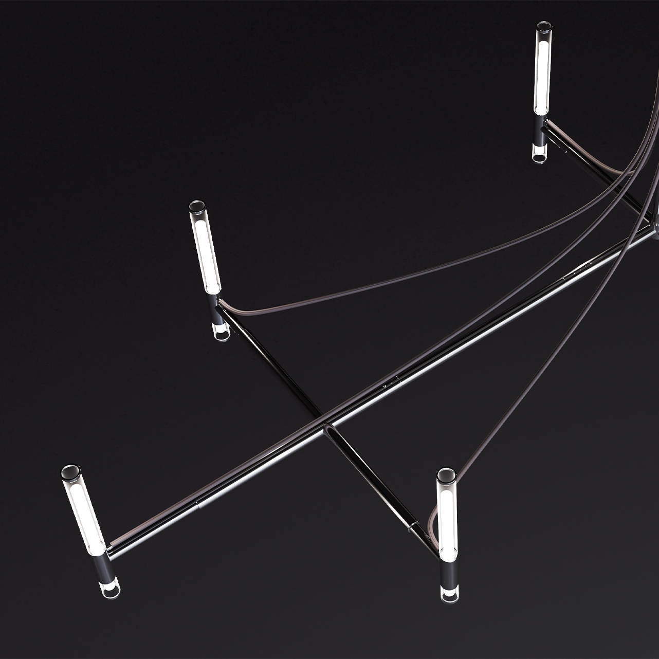 A minimalistic, modern light fixture with a metallic frame and four vertical tube lights, connected by thin wires, set against a dark background—elegant as Edelweiss Pianos in its striking simplicity.