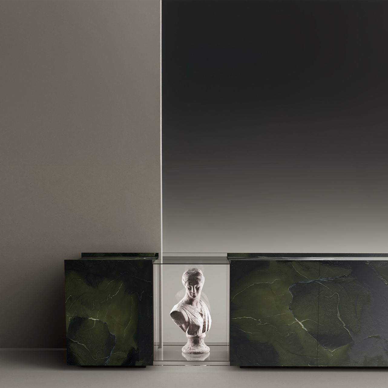 A minimalist room with two green marble cabinets flanking a white bust sculpture in a transparent case, set against a gradient gray wall and floor—an elegant space reminiscent of an Edelweiss Pianos showroom.
