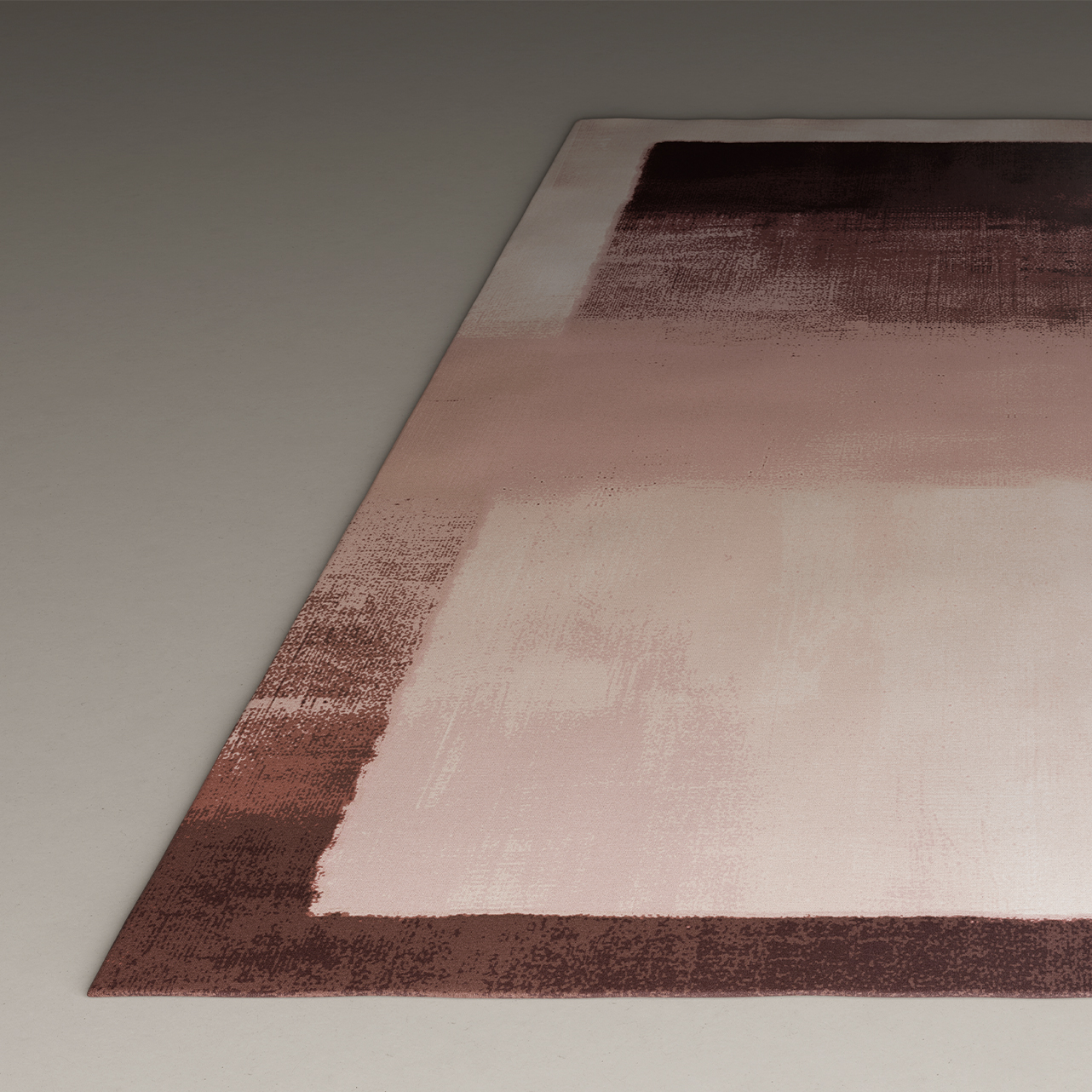 A rectangular rug with abstract, blocky patterns in shades of pink, beige, and brown, shown angled with one corner in view against a neutral background—perfect for complementing modern interiors or an elegant space featuring Edelweiss Pianos.