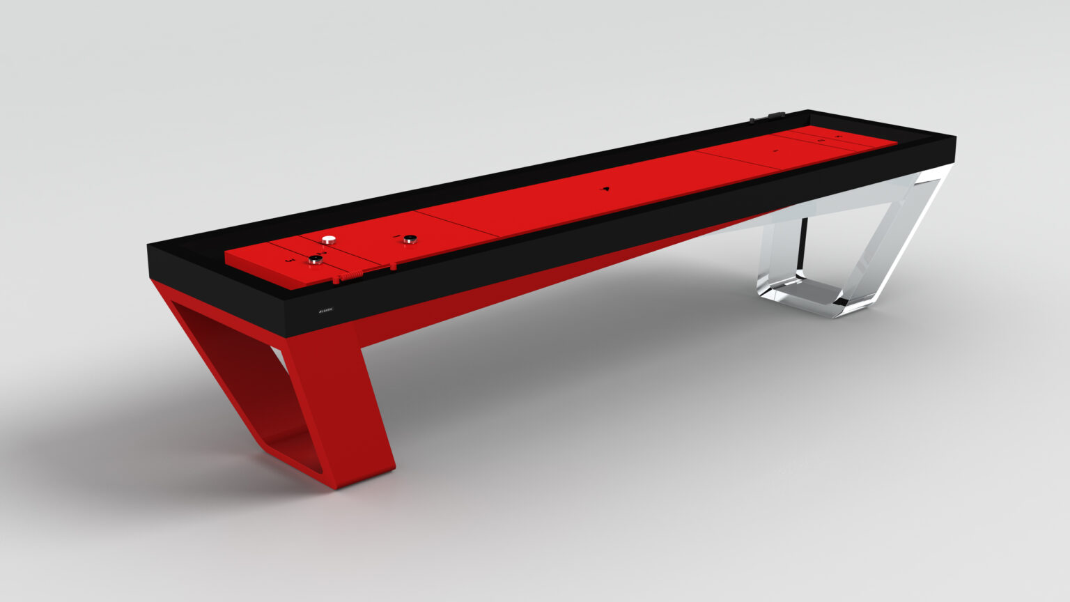 The Avettore Shuffleboard showcases a bold red playing surface, black border, and contrasting angular legs—one red, one metallic—on a white base. Shuffleboard pucks atop the table highlight its modern design.