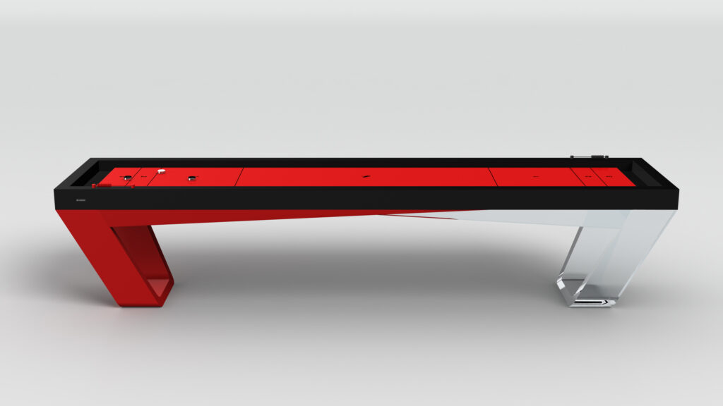 The Avettore Shuffleboard showcases a sleek black frame, red playing surface, and angled red and white legs, all displayed on a plain gray background.