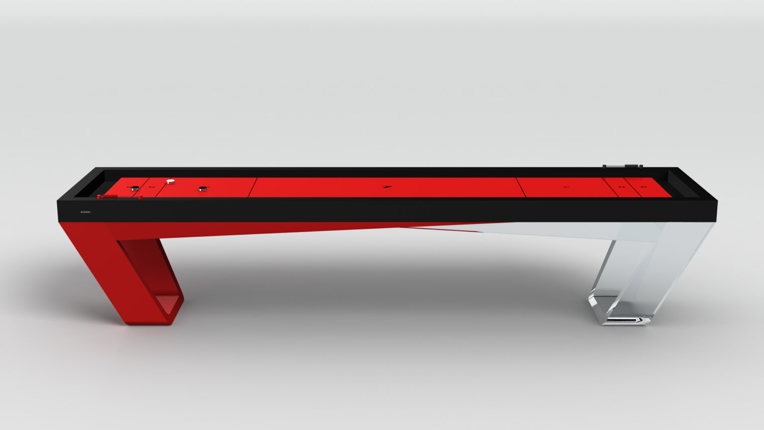 The Avettore Shuffleboard showcases a sleek black frame, red playing surface, and angled red and white legs, all displayed on a plain gray background.