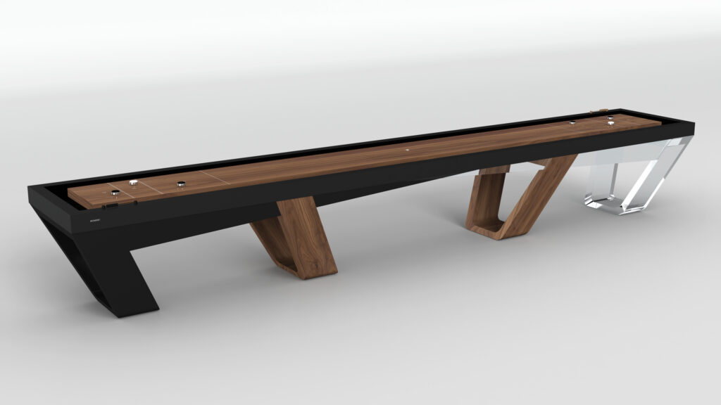 The Avettore Shuffleboard boasts a modern look with a wooden playing surface, black edges, two angled wooden legs, and one clear acrylic leg, all displayed on a plain white background.